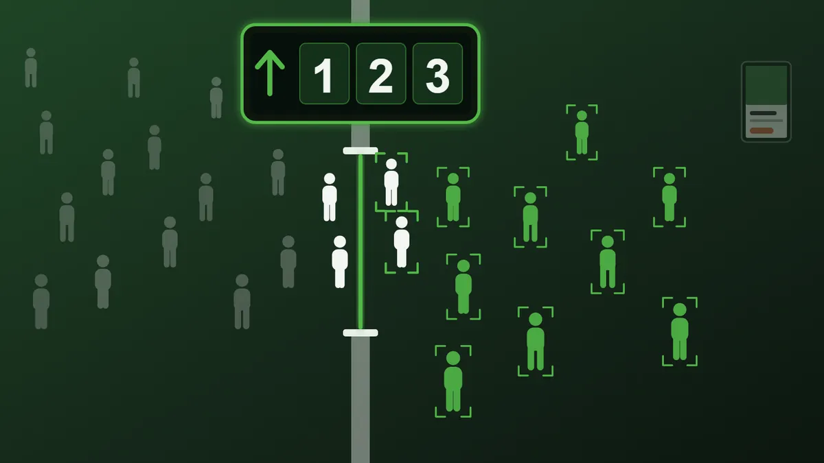 A large people counter above a store entrance, ticking up as shoppers walk in, each one picked out with a green marker, while a small advert screen sits to one side.