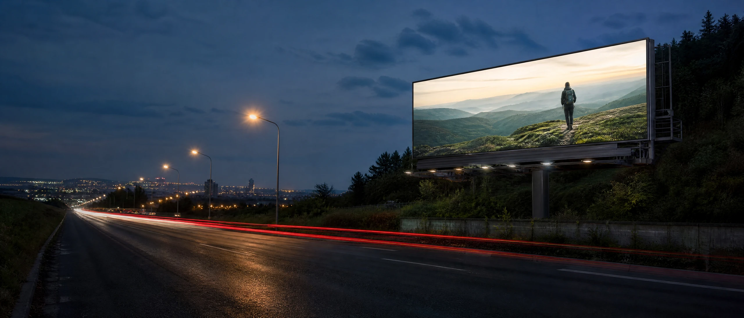 A roadside digital billboard at blue hour with traffic light trails