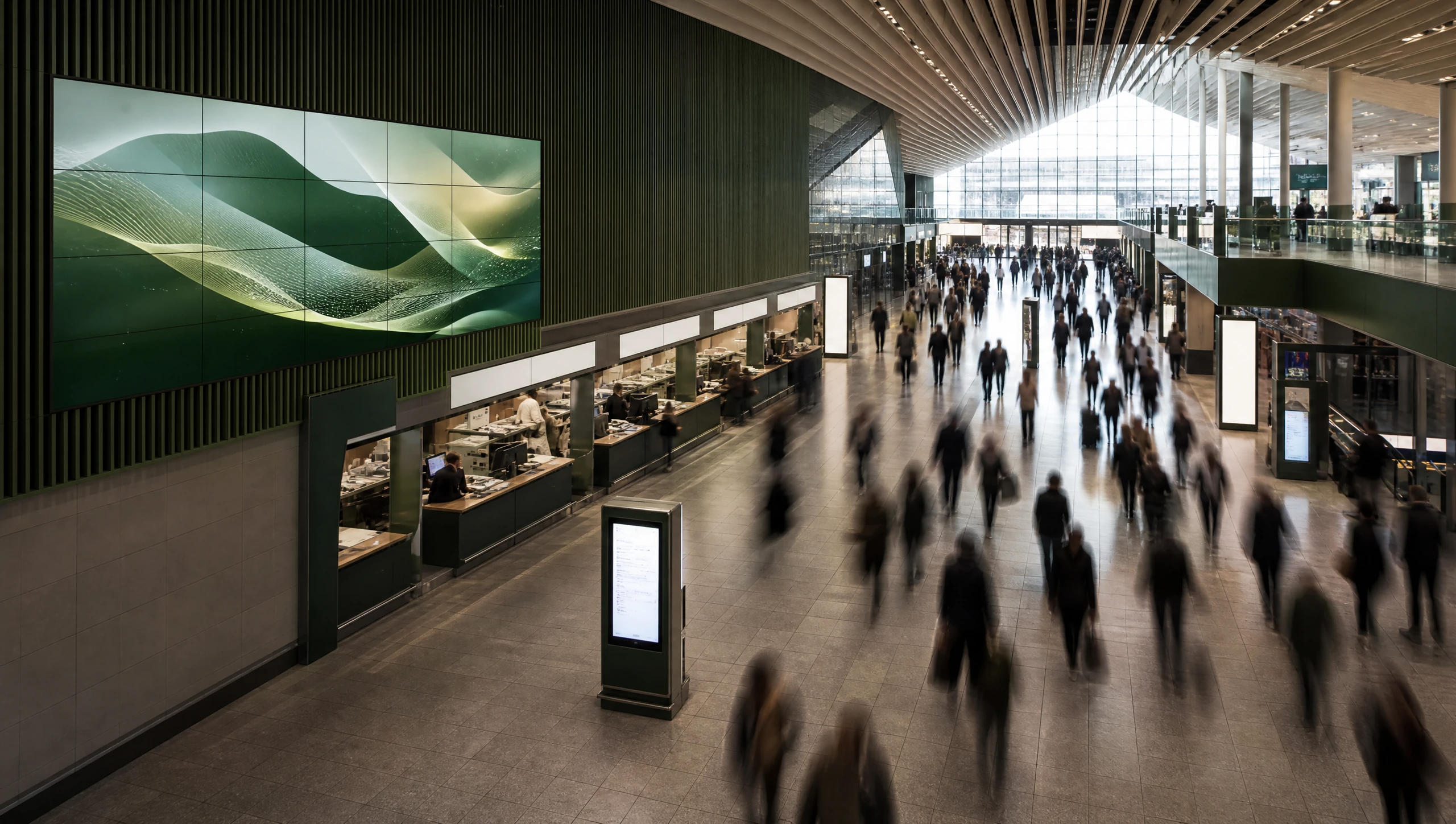A large venue concourse with digital screens and anonymous crowds