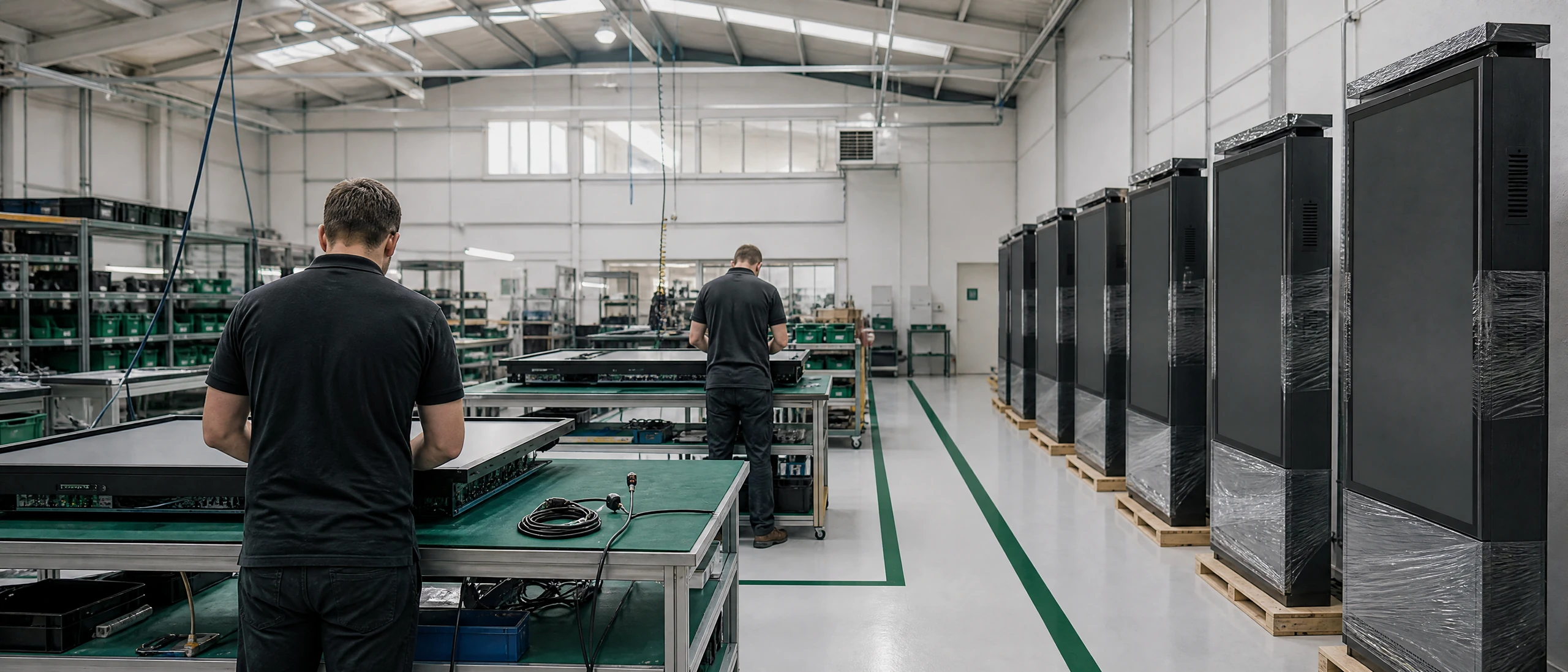 The LamasaTech production floor: display assembly benches and finished kiosks