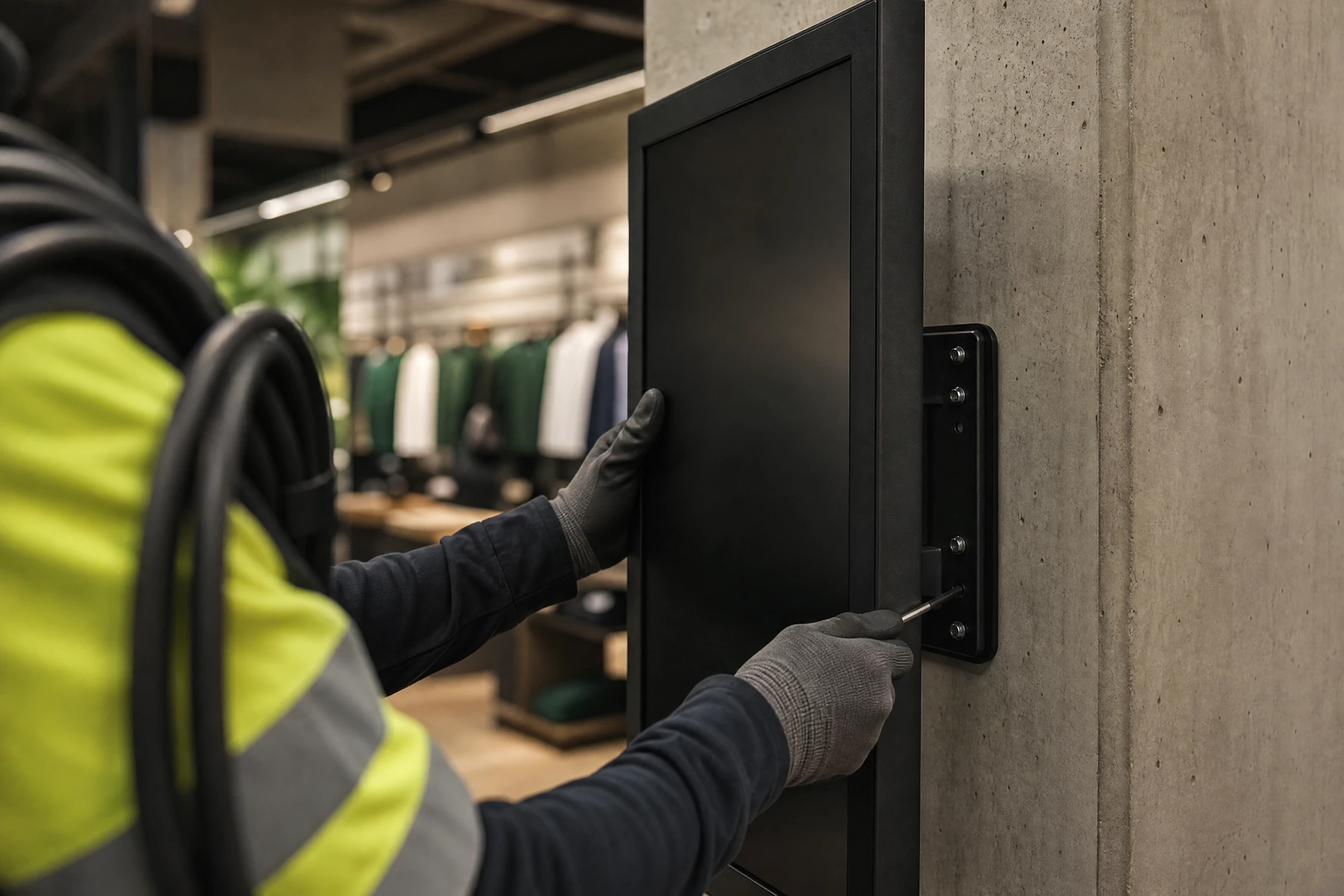 An installer mounting a commercial display