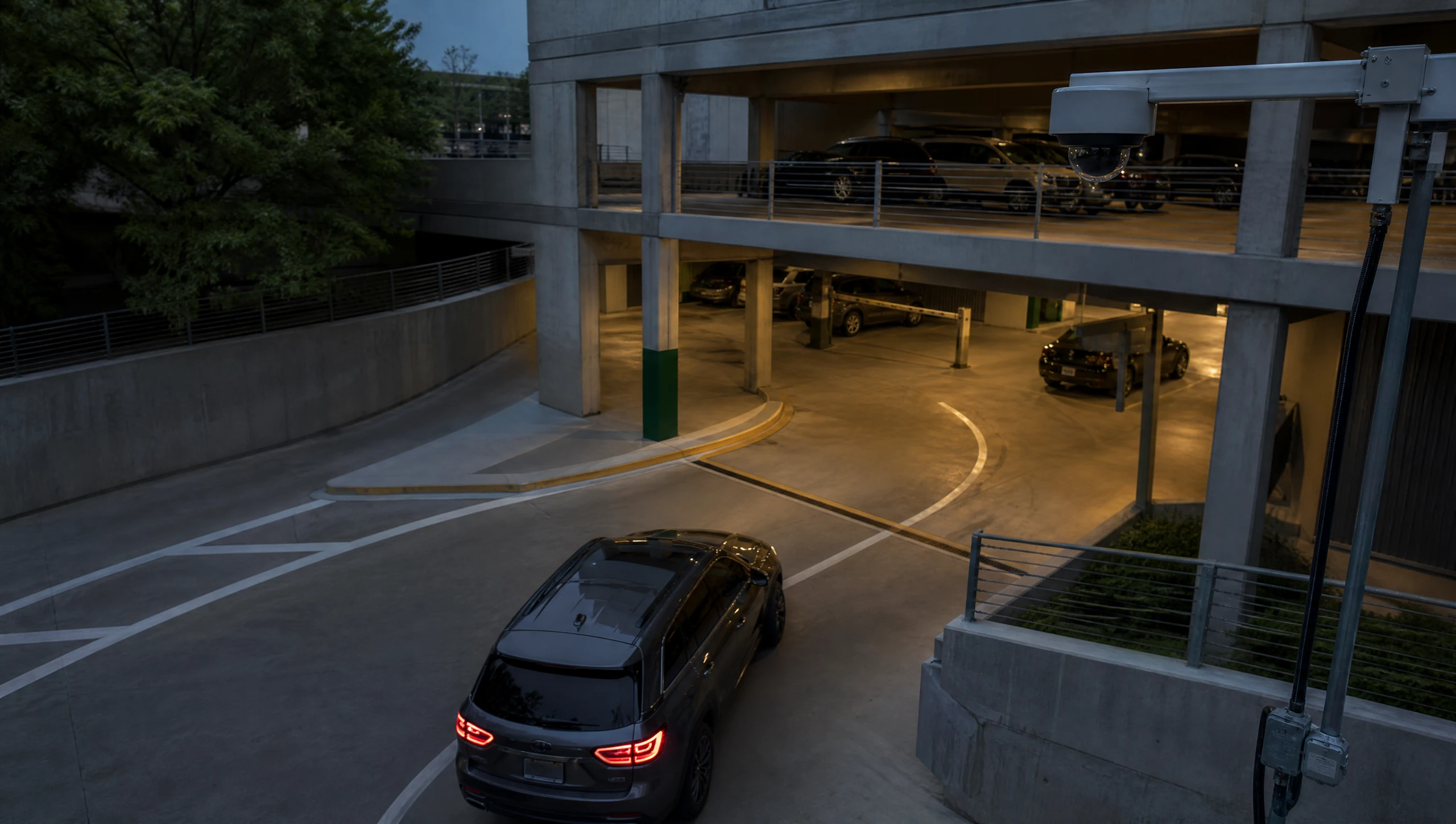 A parking entrance seen from the mounted camera's own vantage point